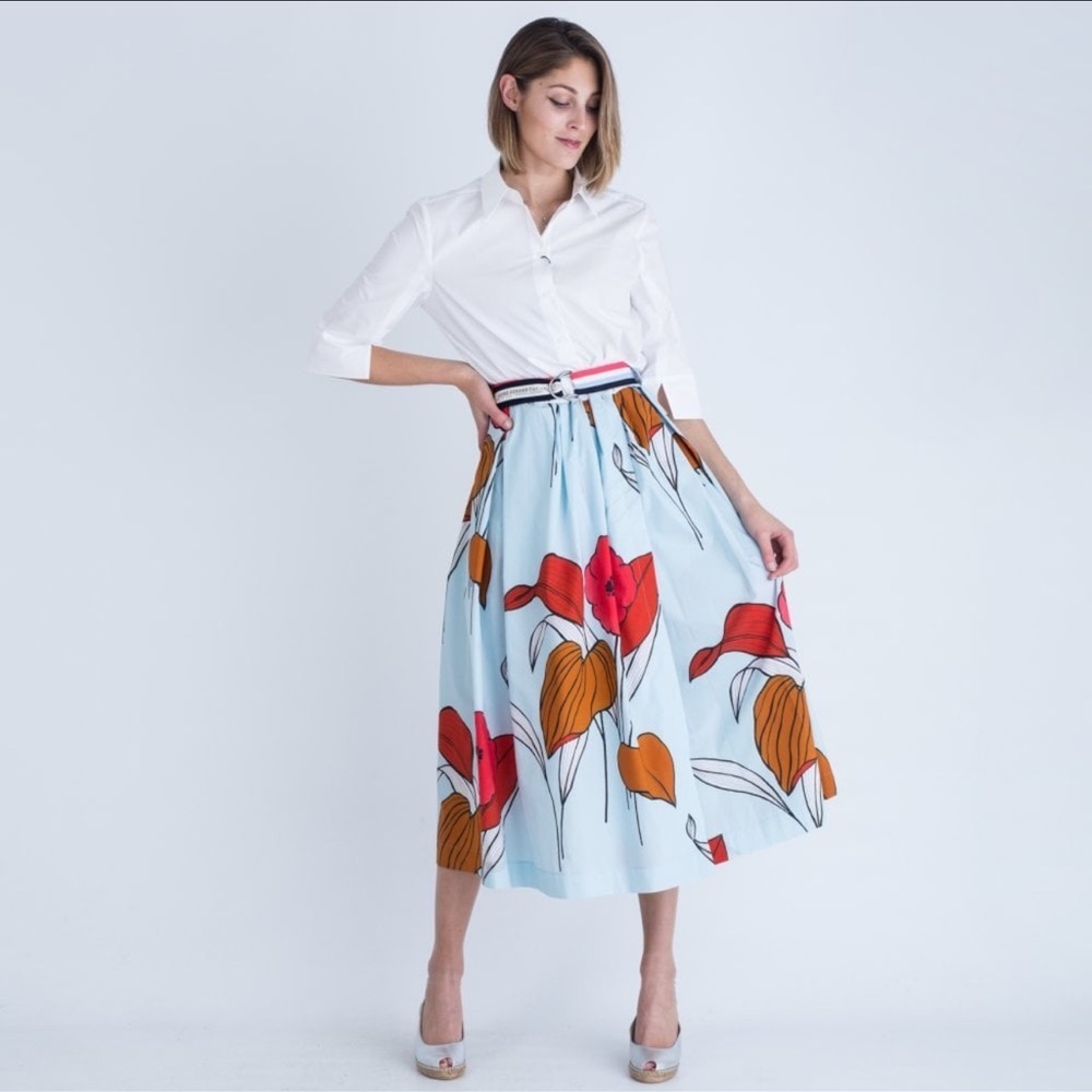 LUISA CERANO Shirt Dress With Poppy Print And Belt White/Blue Size 6